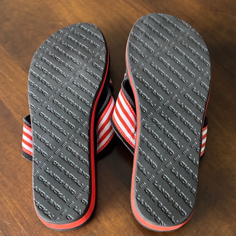 Lands' End Black Slide Sandals with Red & White Striped Cross Straps - Picture 6 of 7